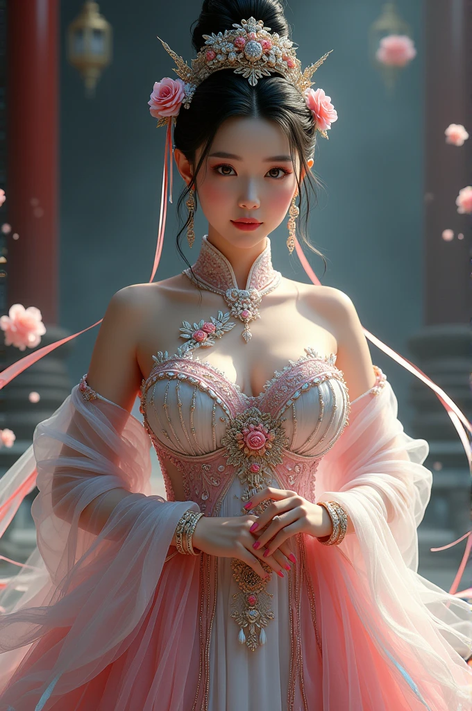 Chinese girl with coins gold , thick body, curvy body, curvy waist, big breast, white skin, gorgeous costumes embroidered with intricate embroidery, exposed breasts, flowing tulle, transparent long colorful ribbons tied on the arms, inspired by cinderella, showing navel, bare shoulders, bare neck, hair in a high bun with flower hairpins, ribbons on arm rings, wreaths, bracelets, anklets, high heels, metal chain tassels on the waist, Mogao Grottoes art, ink painting, cgstation pop, in the night beach, ((fullbody)), ((super realistic))