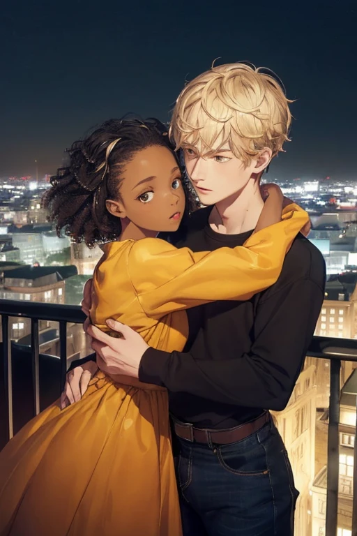 ((best qualityer)), ((work of art)), (detailded), 1 boy, Skinned, white, sweatshirt , black shoulder, blue jeans, blonde hair down to eye level, falling on your face, hugging 1 girl, Skinned, black, Africana, dark brown curly hair, dress a yellow dress, in the background an illuminated city, full of houses at night.
