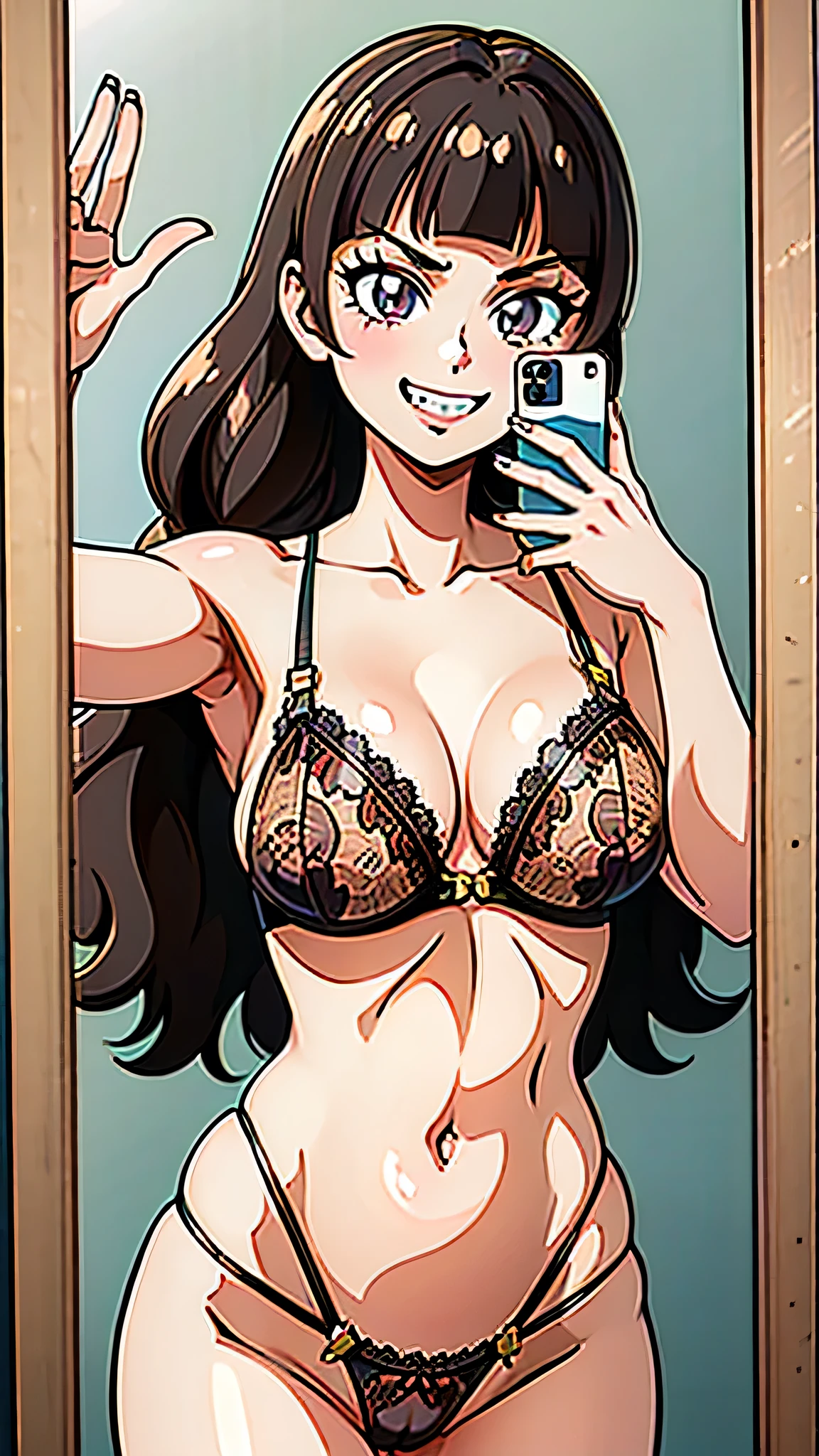 1 girl, (solo), ((amanogawaki)), best quality, highres, high quality, 8k, HD, super detail, anatomically correct, UHD, accurate, (masterpiece:1.2), (high quality:1.0), (ultra detailed), (Adult:1.2), (Mirror Background), (Smug Grin), selfie, mirror, edgHL_lingerie, wearing edgHL, Black Lingerie, Lace pattern