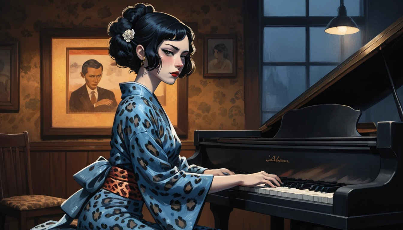 robert johnson, gritty, alabama bar, blue note, charismatic , leopard skin dress, illustration, noir fantasy, lone lady, sad ending, japanese kimono woman pianist