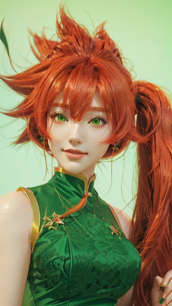 There is a woman with long red hair and a green dress., Realistic Anime 3D Style, Anime-style 3D, Created by Anime Painter Studio, 3D Anime Real, Painted in an anime artist's studio, anime cgi style, Ultra realistic anime, Tatsumaki, Photorealistic Animation girl render, Photorealistic Animation, Cute 3D anime girl render