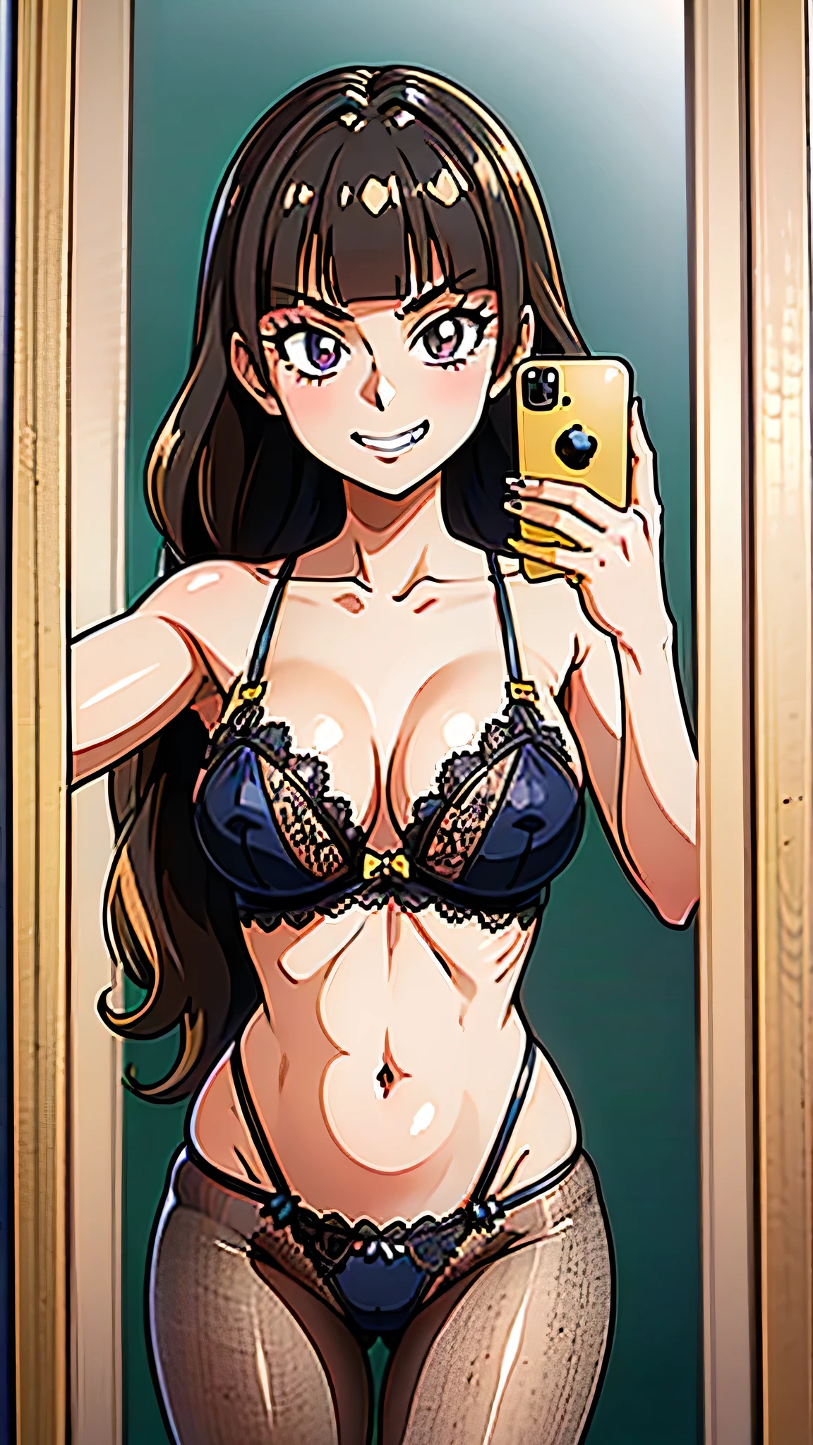 1 girl, (solo), ((amanogawaki)), best quality, highres, high quality, 8k, HD, super detail, anatomically correct, UHD, accurate, (masterpiece:1.2), (high quality:1.0), (ultra detailed), (Adult:1.2), (Mirror Background), (Smug Grin), selfie, mirror, edgHL_lingerie, wearing edgHL, Black Lingerie, Lace pattern