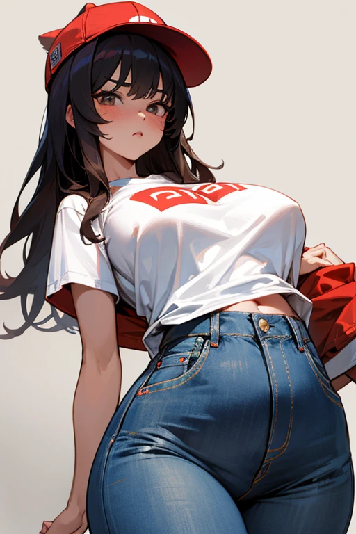 masterpiece,beauty, Girl in a jacket, T-shirt and jeans, Red Hat, big breasts, big ass, Fuko Izumi, Beautiful face , anatomical body shape, Confused face, very big tits