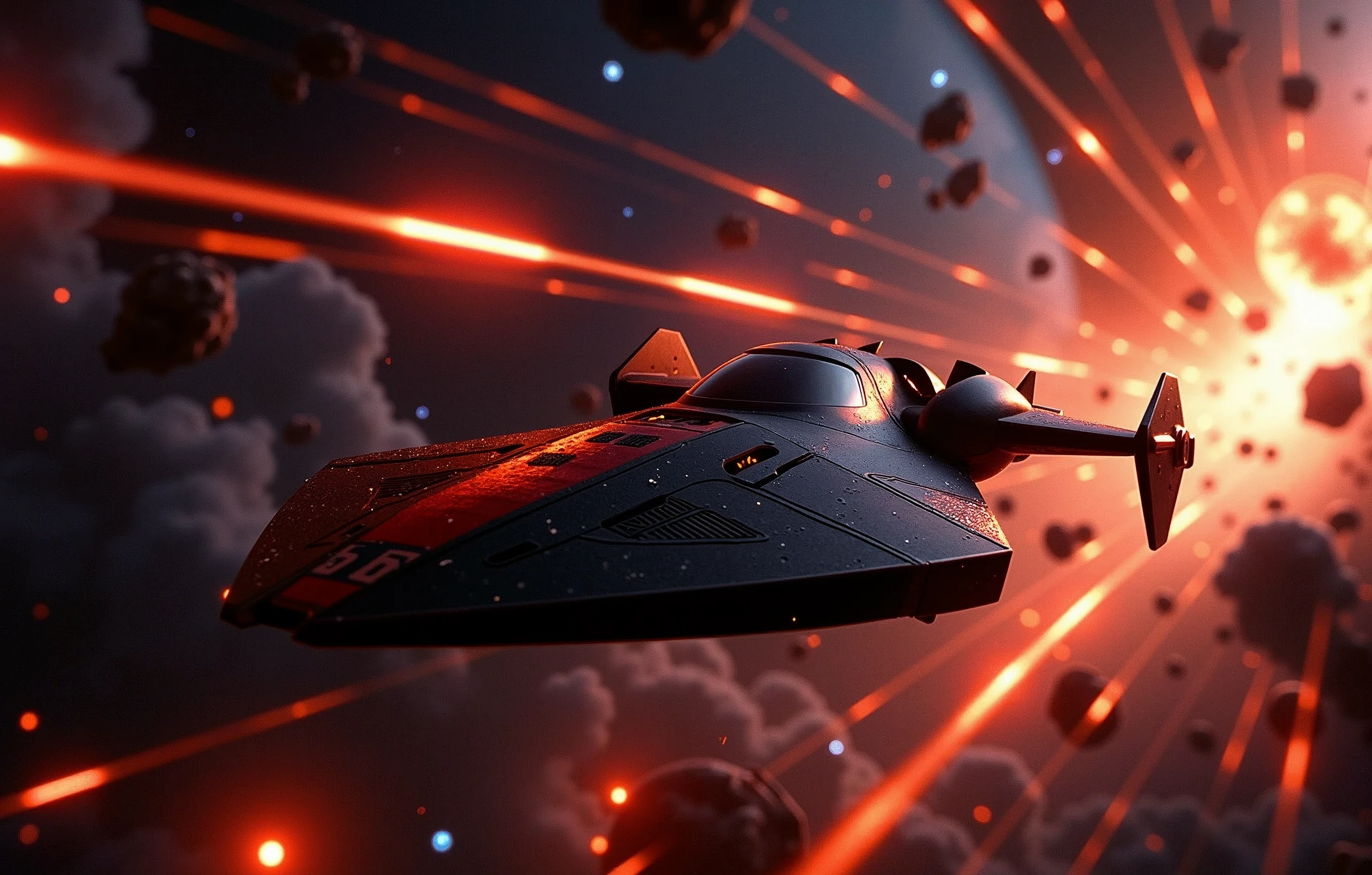 spaceship flying fast to escape an exploding plant that in the background is now just a bright flash of light and speeding asteroids with burning trails of light behind them that the spaceship is trying to escape, Blue stars are also in the background, an epic spaceship scene, detailed, Light rays emanate from the planet's destruction in the background, sci - fi spaceship, spaceship in space, sci-fi Red and black spaceship, landing in epic space battle, sci-fi space game art, Futurism, modern, Hyperrealism, speed lines, cinematic lighting, glowing light, motion lines, retina, accurate, masterpiece, super detail, high quality, award winning, highres, 4K, 8k, 16k