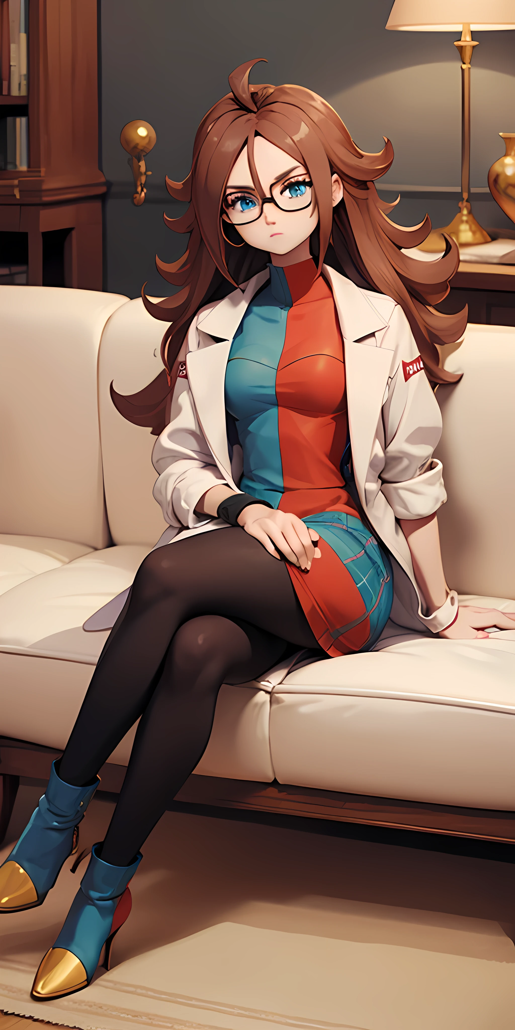 android 21, glasses, long brown hair, glasses, blue eyes, plaid dress, lab coat, tights, looking at viewer, serious, sitting, on sofa, legs crossed, cozy living room, lamp, high quality, Artwork art, 