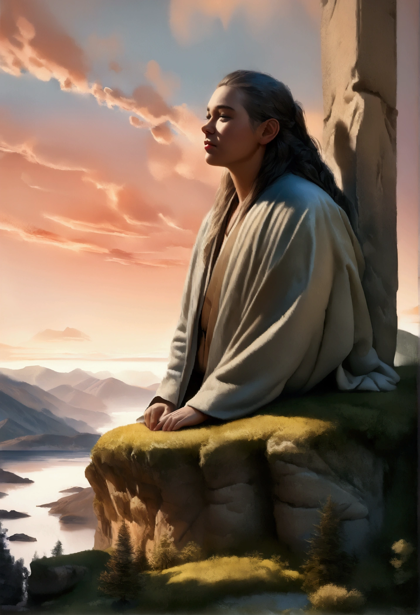 (Best Quality,4k,8k,high resolution,masterpiece:1.2),ultra detailed,(realist,photorealist,photo-realist:1.37),long black fur,man,White Taoist Robe,cliff,Red background,Artistic style,Ocean view,sunlight,serene expression,fluid coat,Windy,quiet atmosphere,Rugged terrain,majestic mountains,dramatic sky,tall rocks,wide landscape,mysterious aura,morning light,quiet atmosphere,subtle fog,meditation pose,majestic landscape,quiet environment,serene backdrop,lush vegetation,color contrasts,harmonious colors,Total immersion,Quiet contemplation,loneliness,blissful peace,distant horizon,gentle breeze,dreamlike,retreat,Ethereal beauty,Secluded sanctuary,Harmony with nature,Aesthetic perfection,serenity of mind,poetic scene,harmonious composition,artistic essence,rustic elegance,Serenity and wisdom. man seeing mountain with snow and green around