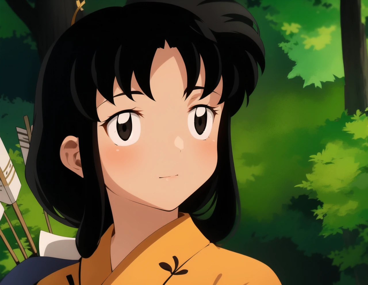 A beautiful girl in a yellow kimono, a beautiful bangs, carry some arrows, is called ((kaede)) Kikyo's sister