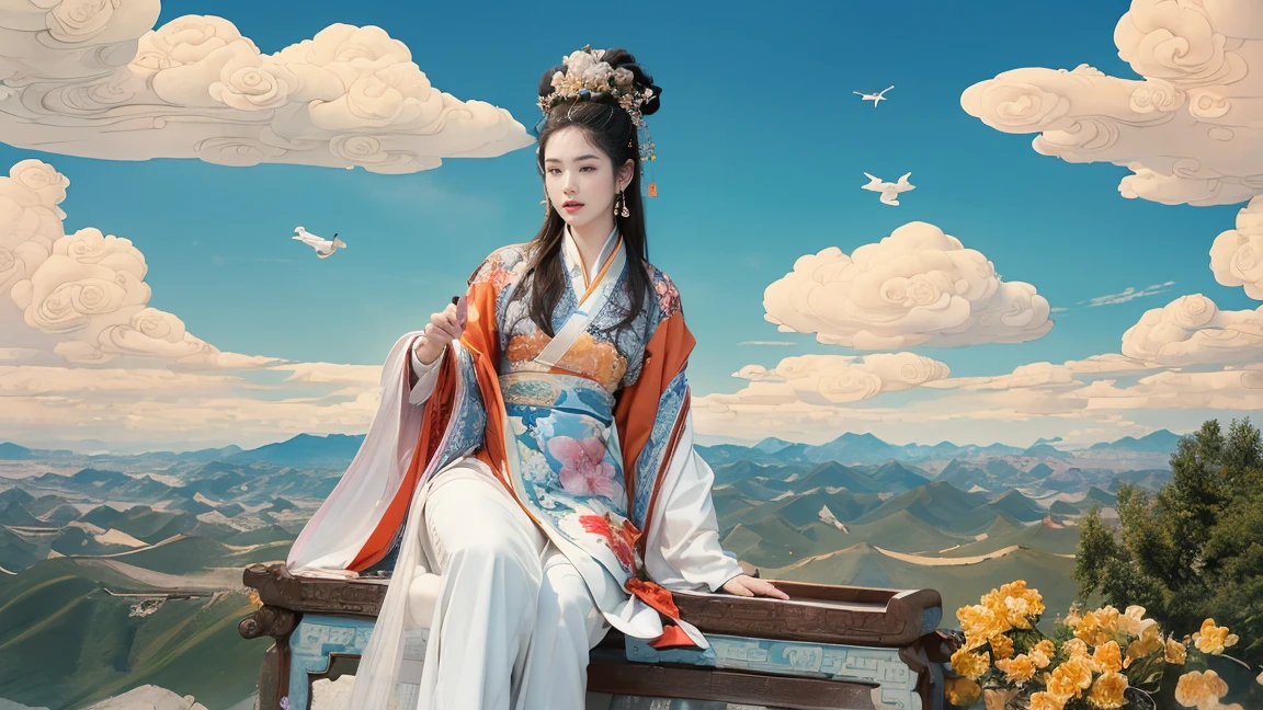 (masterpiece, Top quality, best quality, Official Art, beauty:1.2),(最詳細清晰的contour和五官:2.0,contour:2.0) (1 Chinese Goddess:1.5), Very detailed,(Dunhuang艺术:1.1),(Dunhuang,Colorful:1.1)(Flowers:1.3),Most detailed,(tangled:1.2), (Dynamic flight attitude,Foot on white clouds,Show your thighs:1.5), (Open your thighs,Show your thighs内侧:1.2),(Blue sky, White clouds and bright moon background:1.3), (Chinese embroidered Hanfu:1.2), (Glowing skin,Camel toe:1.2), (Many colors:1.4), ,(earrings:1.4),