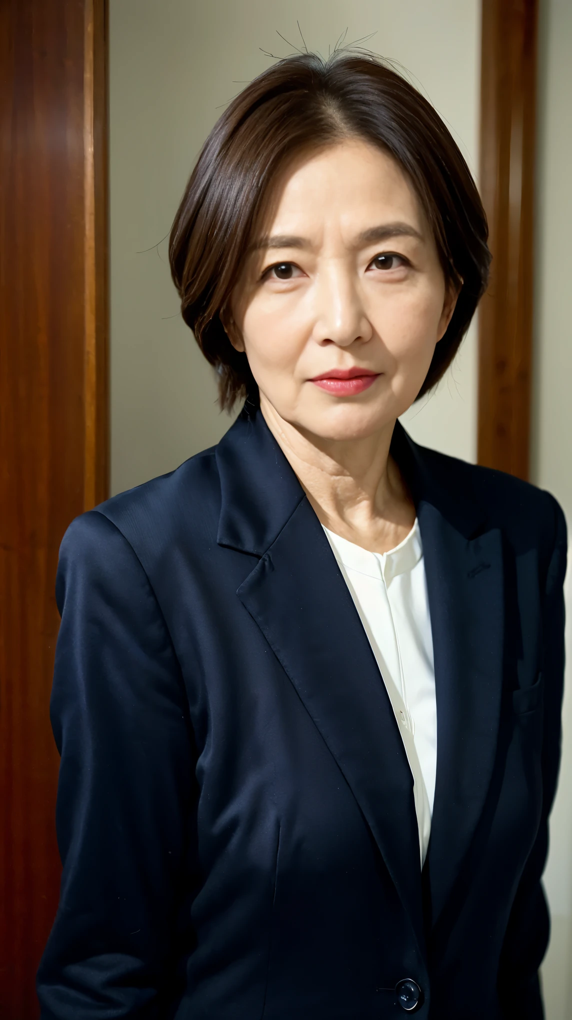masterpiece, ((Depth of written boundary)), 32K, Beautiful finish, Face close-up, Beautiful mature woman, 65-year-old woman, Photo of your ID, Business Person, ceo, View from the front, A disdainful look, Cool look, Red lips, Thin lips, suit, Light from the front,