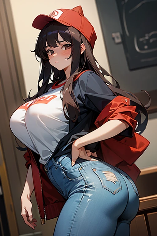 masterpiece,beauty, Girl in a jacket, T-shirt and jeans, Red Hat, big breasts, big ass, Fuko Izumi, Beautiful face , anatomical body shape, Confused face, very big tits under a jacket