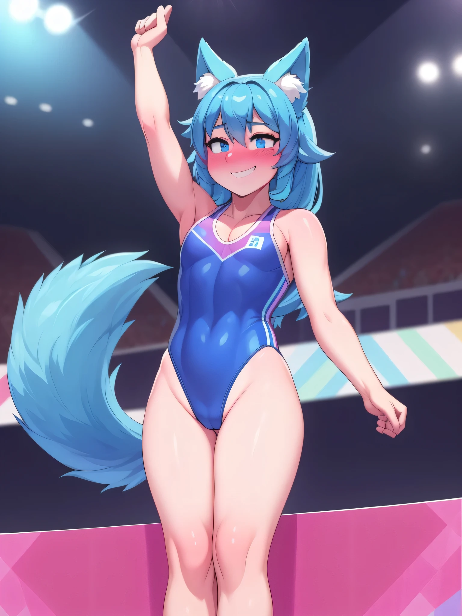 (Masterpiece) (High Detail) (High Res) A short little slim humanoid girl with pale human skin and blue eyes and long blue hair and blue dog ears and a fluffy blue dog tail and average breasts. She is stood on a podium receiving and Olympic Gold Medal. She is dressed in a gymnastics leotard which is rainbow coloured. She is blushing but looks happy.