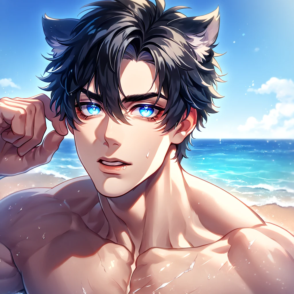 absurdres, highres, ultra detailed, HDR, master piece, best quality, detailed eyes, extremely detailed, delicated features, Wriothesley, black hair, white streaks, expressive blue eyes, Genshin Impact, solo, sexy man, handsome, manly man, sensual, erotic, bare chest, magical, fantasy, sea, beach, blue sky