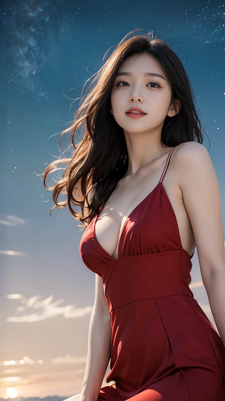 

(logo、masterpiece、8k、Tabletop、RAW Photos、wonderful、最high quality、フォトリアルでVery detailedなCG合成8k壁紙、high quality、Very detailed、Narrative poem、Particle Effects、Dynamic Effects、Depth of the Boundary) What is written is、Cinematic Light、Lens flare、Ray Tracing）、Fantasy、（night、night空、Starry Sky、full moon）、（Girl looking up at the sky）、(Red dress)、sit、cute、Japanese style、(smile)、Long Black Hair、Strong winds、(Hair blowing in the wind)、Natural light、moonlight、(Horizontal photography)、(breast enhancement)、(Low position)、(Low - Angle)