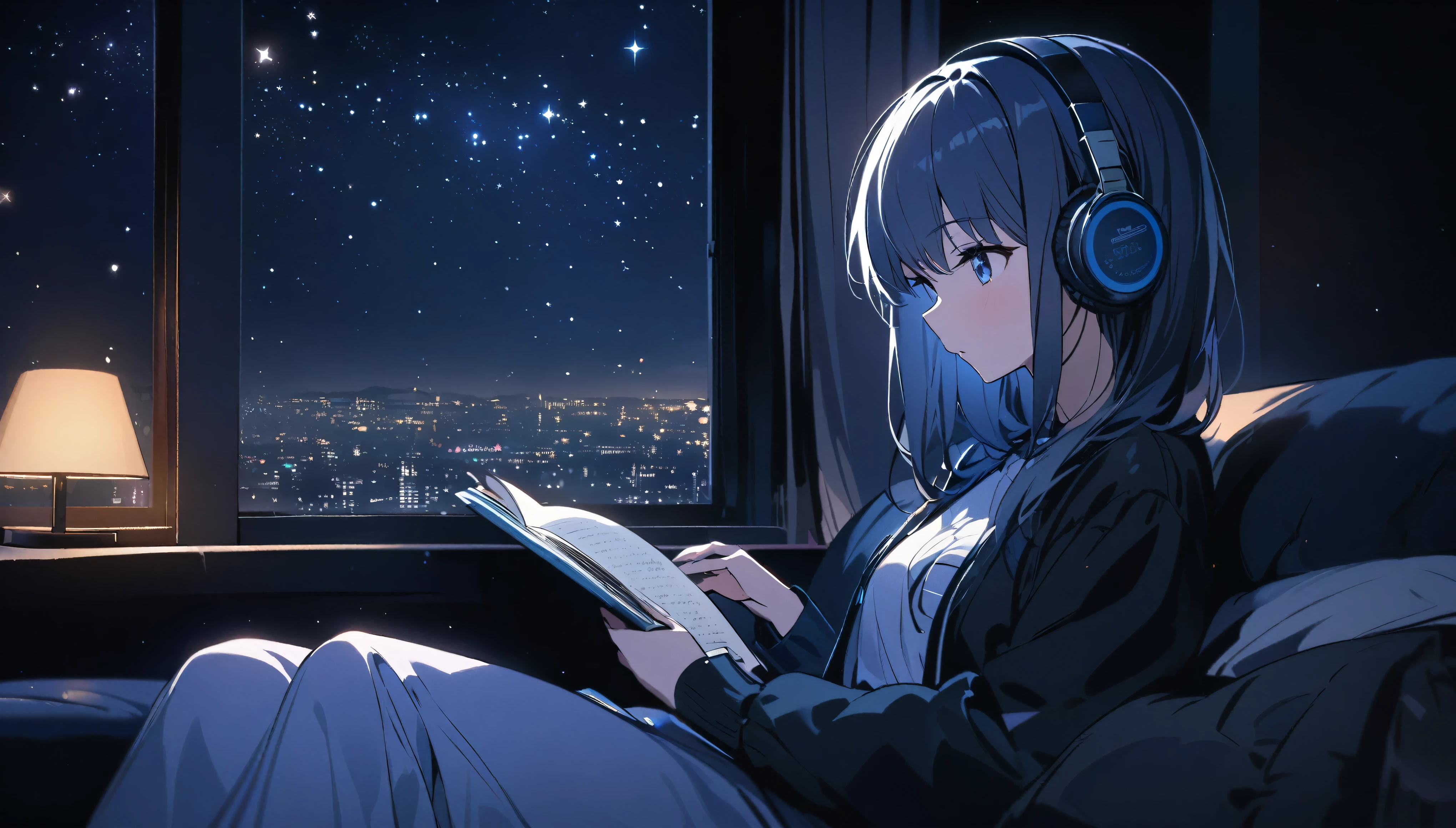 Girl sitting on sofa reading a book,In front of a large window,Night starry sky,Streetscape、listen to music、