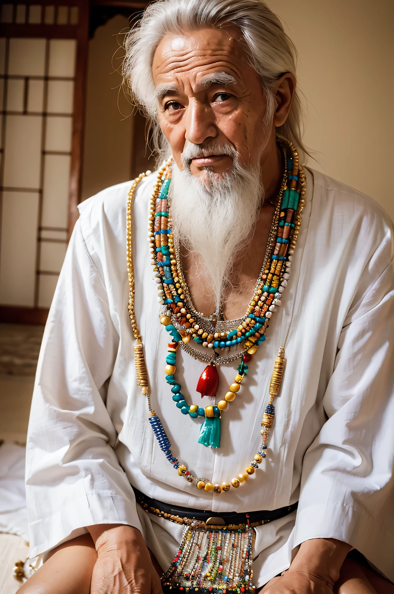 A highly realistic image of a old man Pai de Santo in traditional attire. He is wearing a white tunic adorned with colorful beads and necklaces, symbolizing his spiritual role. His face is wise and serene, showing years of experie