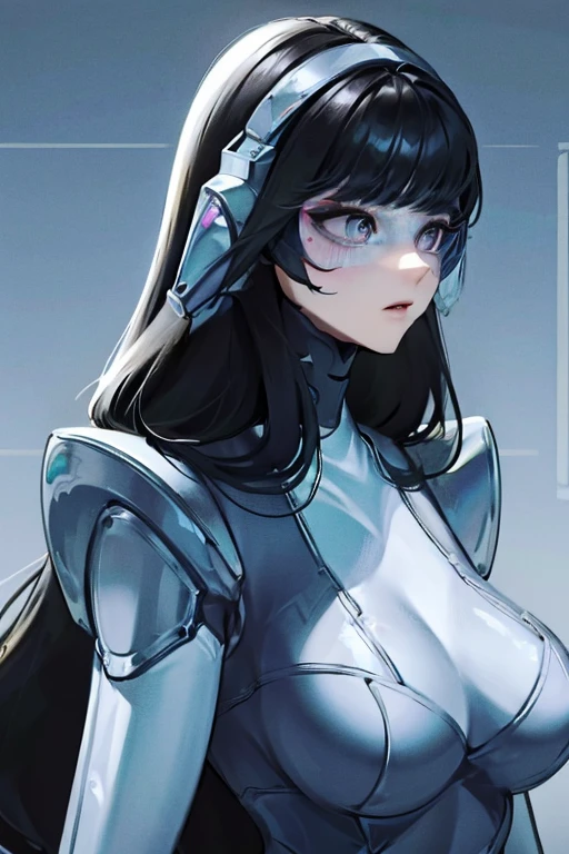 empty eyes,robotization,woman ,big bust,Robot Joint ,Metal skin,Black Suit,long hair,a suit that covers the whole body