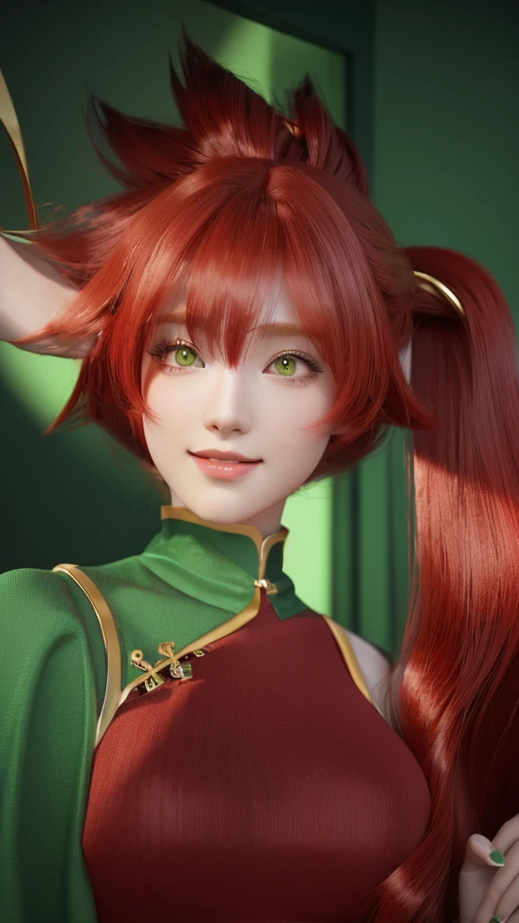 There is a woman with long red hair and a green dress., Realistic Anime 3D Style, Anime-style 3D, Created by Anime Painter Studio, 3D Anime Real, Painted in an anime artist's studio, anime cgi style, Ultra realistic anime, Tatsumaki, Photorealistic Animation girl render, Photorealistic Animation, Cute 3D anime girl render