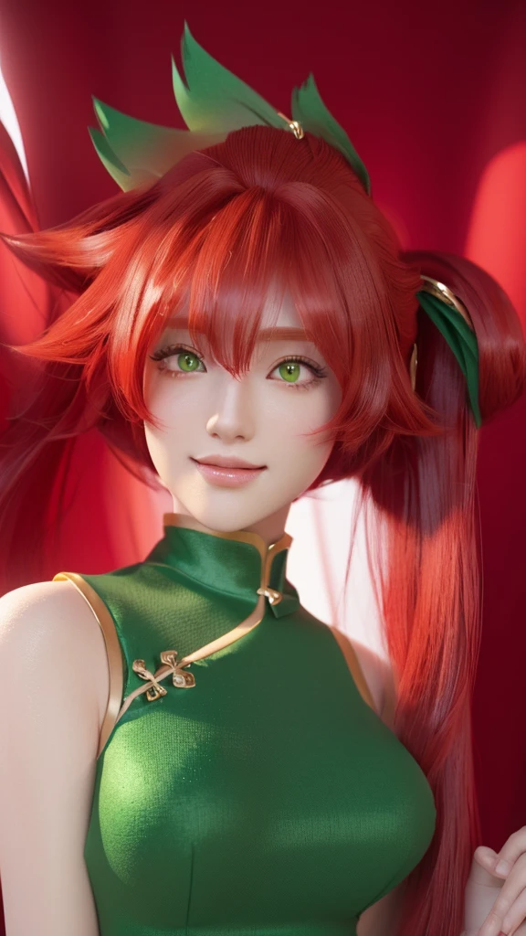 There is a woman with long red hair and a green dress., Realistic Anime 3D Style, Anime-style 3D, Created by Anime Painter Studio, 3D Anime Real, Painted in an anime artist's studio, anime cgi style, Ultra realistic anime, Tatsumaki, Photorealistic Animation girl render, Photorealistic Animation, Cute 3D anime girl render