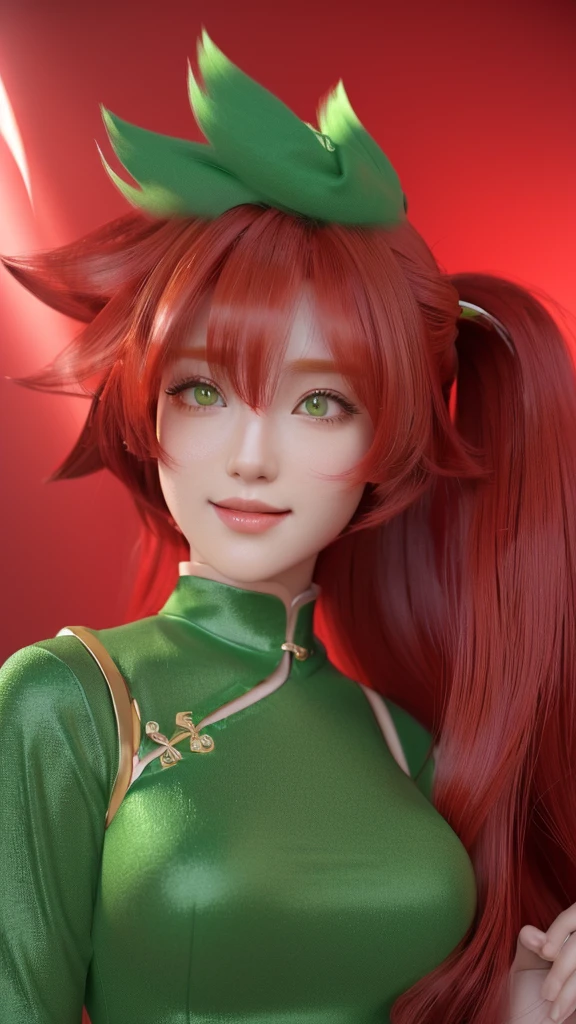 There is a woman with long red hair and a green dress., Realistic Anime 3D Style, Anime-style 3D, Created by Anime Painter Studio, 3D Anime Real, Painted in an anime artist's studio, anime cgi style, Ultra realistic anime, Tatsumaki, Photorealistic Animation girl render, Photorealistic Animation, Cute 3D anime girl render