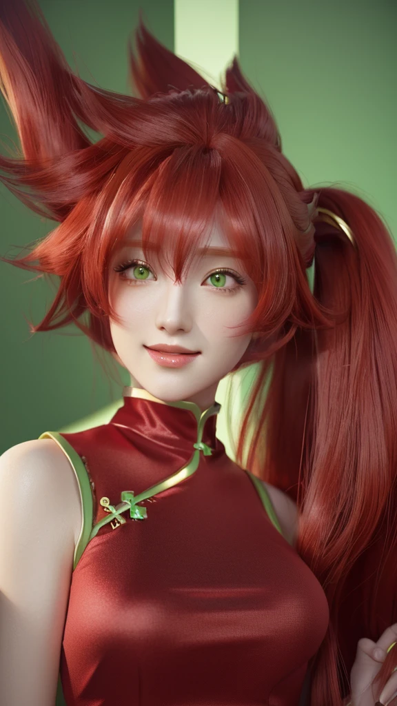 There is a woman with long red hair and a green dress., Realistic Anime 3D Style, Anime-style 3D, Created by Anime Painter Studio, 3D Anime Real, Painted in an anime artist&#39;s studio, anime cgi style, Ultra realistic anime, Tatsumaki, Photorealistic Animation girl render, Photorealistic Animation, Cute 3D anime girl render