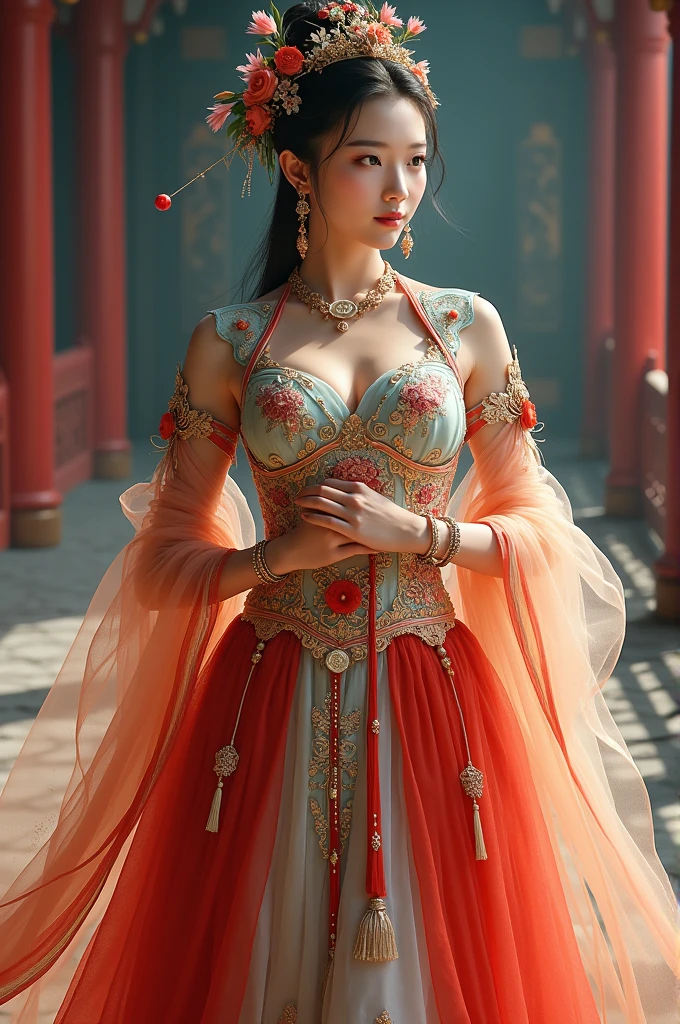 Chinese girl with coins gold , curvy body, curvy waist, big breast, white skin, gorgeous costumes embroidered with intricate embroidery, flowing tulle, transparent long colorful ribbons tied on the arms, inspired by cinderella, showing navel, bare shoulders, bare neck, hair in a high bun with flower hairpins, ribbons on arm rings, wreaths, bracelets, anklets, metal chain tassels on the waist, Mogao Grottoes art, ink painting, cgstation pop, in the night castle, ((fullbody)), ((super realistic))