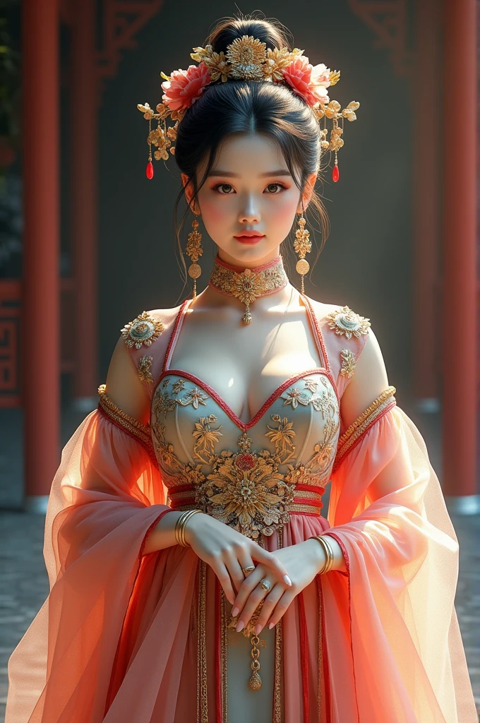 Chinese girl with coins gold , curvy body, curvy waist, big breast, white skin, gorgeous costumes embroidered with intricate embroidery, flowing tulle, transparent long colorful ribbons tied on the arms, inspired by cinderella, showing navel, bare shoulders, bare neck, hair in a high bun with flower hairpins, ribbons on arm rings, wreaths, bracelets, anklets, metal chain tassels on the waist, Mogao Grottoes art, ink painting, cgstation pop, in the night castle, ((fullbody)), ((super realistic))