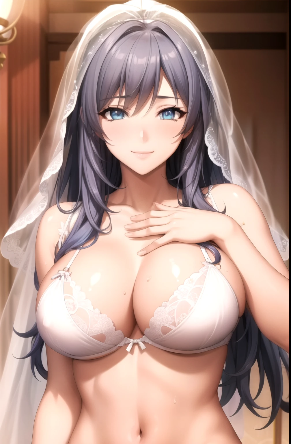 bride, veil, white bra, white lace, white panty, blue hair, , violet eyes,Smile, rest looking at viewer, Upper Body, whole body, Cowboy shooting, rest indoors, rest (masterpiece:1.2), best quality, high resolution, Unity 8K wallpaper, (illustration:0.8), (Beautiful and delicate eyes:1.6), Extremely detailed face, Perfect lighting, Extremely detailed CG, (Perfect hands, Perfect anatomical structure), Smooth skin