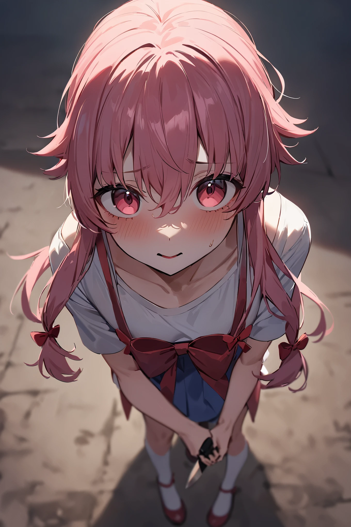 gasai_yuno,yandere,holding_knife,Standing on the ground,frontal,front view,Positive por,masterpiece,best quality,very aesthetic,absurdres