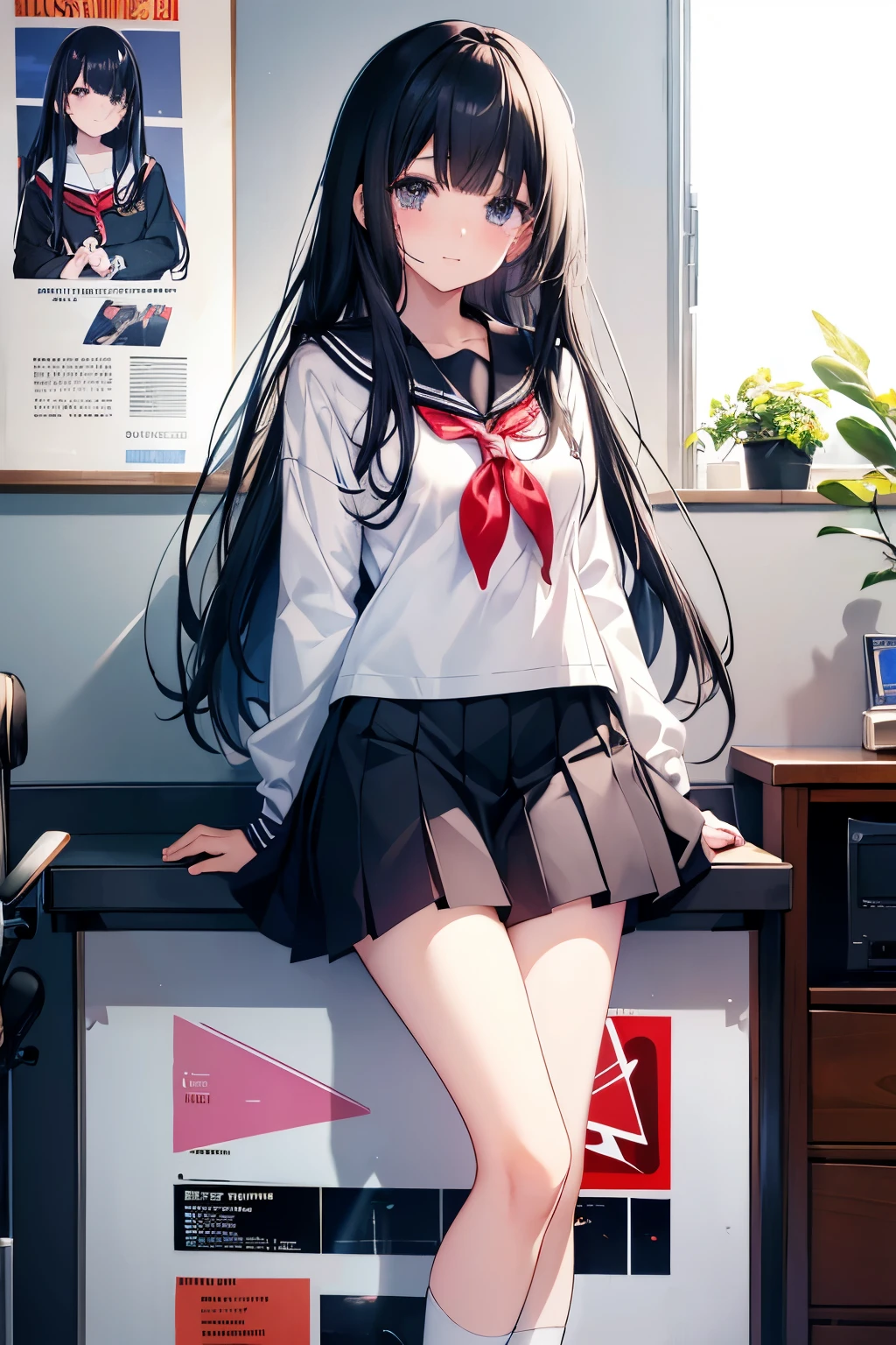 A black-haired high school girl in a sailor uniform holding a Telecaster, Long Hair, Highlight color hairstyle, Asymmetrical bangs, tears, happiness/joy, Feet out of frame, Illustration effect for posters and magazines, Aperture value F1.8, Fujifilm, Background blur, Lens flare, Illustration, 