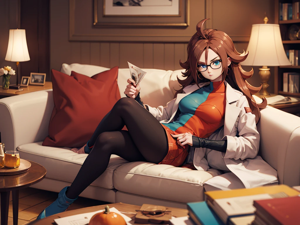 android 21, glasses, long brown hair, glasses, blue eyes, plaid dress, lab coat, tights, looking at viewer, serious, lying, on sofa, cozy living room, lamp, high quality, Artwork art, 