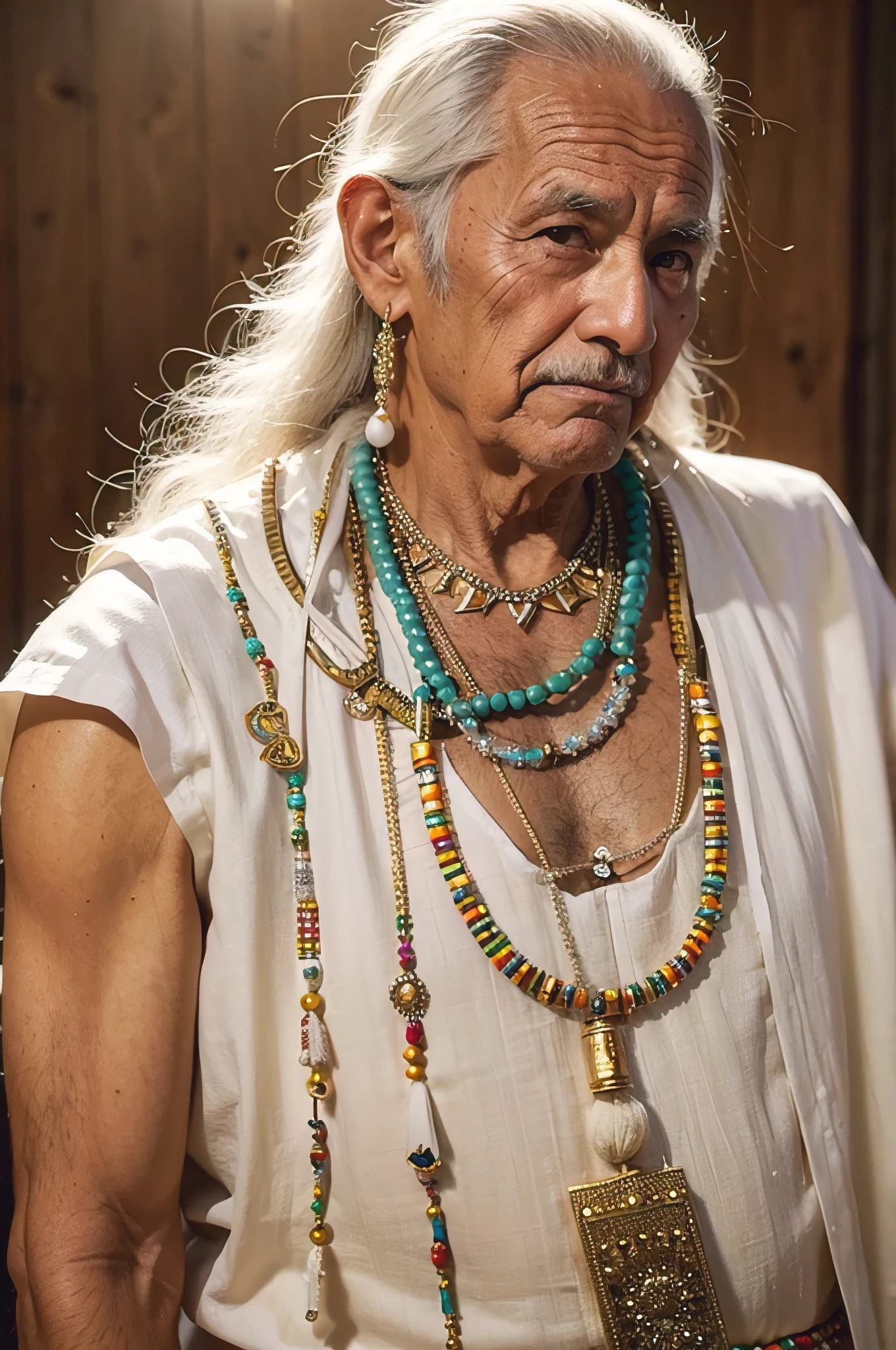 A highly realistic image of a old man Pai de Santo in traditional attire. He is wearing a white tunic adorned with colorful beads and necklaces, symbolizing his spiritual role. His face is wise and serene, showing years of experie