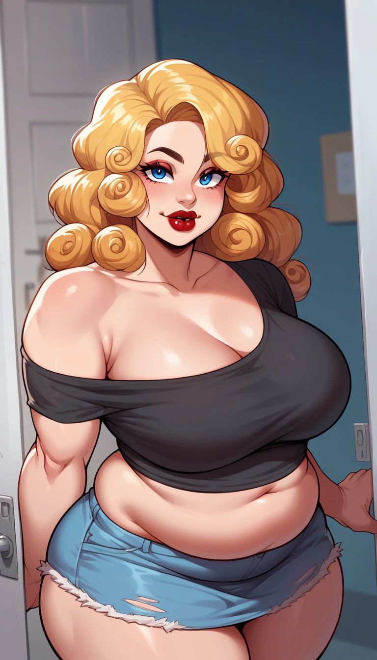 a 30 year old fat woman, adult, with a huge bust and exaggeratedly large ass, thick lips, blondie hair, curly and short, and ocean blue eyes, elegant wine color makeup, dark red lipstick. She wears a sexy short black t-shirt and a white denim skirt while looking at you seductively biting her lower lip. casual atmosphere, livingroom, front door open, leaning against the door. Kind and innocent look, cute round face extremely plump body plump body, gorda, Fat body 