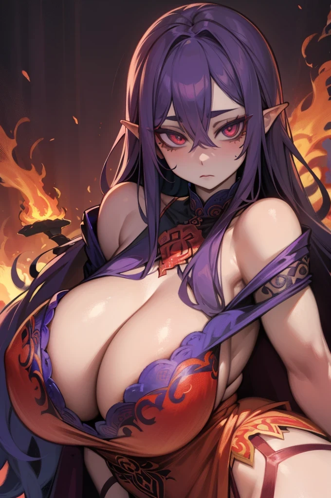 Woman body set large breasts(best quality, highres, ice skull:1.1), A girl with long billowing purple hair and a red cape, featuring a Dracula Orchid pattern. (best quality, ultra-detailed), (realistic), vibrant colors, intense lighting, lava-like texture, hauntingly beautiful composition, surreal atmosphere, contrasting dark shadows, mesmerizing glow, detailed facial features, flowing lava tendrils, fiery eyes, ethereal presence, intricate floral patterns, mysterious aura."