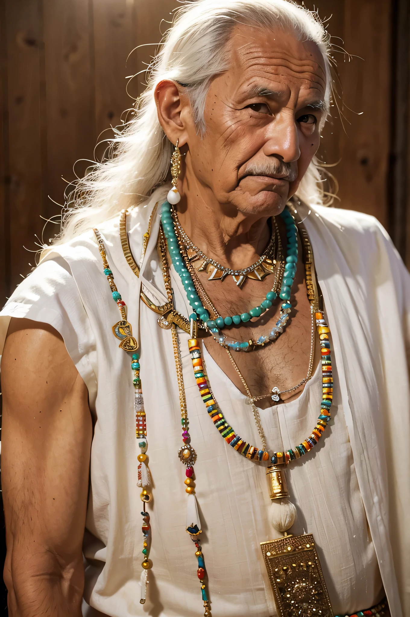 A highly realistic image of a old man Pai de Santo in traditional attire. He is wearing a white tunic adorned with colorful beads and necklaces, symbolizing his spiritual role. His face is wise and serene, showing years of experie