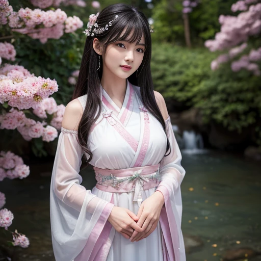 best quality, Delicate face,beautiful visual work, lifelike, eternity, black hair, Long curly hair, blunt bangs, Smile, Detailed Background, Delicate face,blush,cold,((masterpiece))、(top quality)、8k、high detail、Super detailed,21 years old female,身穿唐制Hanfu、waist skirt, Clothes are light and fluffy,Hanfu, wide sleeves, Transparent sleeves, Tunic, Clothes made of chiffon, Seductive and whimsical style、masterpiece、born、Scenes resembling fairy tale illustrations、intricate details和複雜的設計、Beautifully、magic、capricious、 Beautifully、Dream aesthetics、「𝓡𝓸𝓶𝓪𝓷𝓽𝓲𝓬、ethereal、charming、fickle、magic」、realism、Visual effects、FXAA、SSAO、Shader、voiceless、ambient lighting、Tone mapping、High resolution、Ultra high quality、Million pixels、(8K resolution:1.10)、8k、8k以下、8K resolution、high detail、intricate details, (high quality:1.2、masterpiece:1.2、:1.21)、(21 years old female:1.21)、(興奮地Smile)、(被dream般的氛圍所包圍、Model diagram,full-body shot,Normal 2 feet,Put your hands behind you,The protrusion of the breast is visible when wearing clothes, Large Breasts, H cup chest, antiquity, Xian Xia, gauze clothes, Soft and fluttering, Fairy, dream, fantasy, light, Elegant, nature, Immortal, romantic, classical, ribbon, pink clothes, By the stream, "Cross your hands and put them into your sleeves"