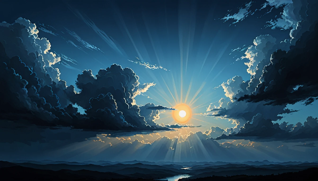 A gradient sky from dark blue to light blue, (The sun shines), (Below are dark, ominous clouds), (Realistic), (Digital Painting), (High resolution), (Very detailed), (masterpiece quality),