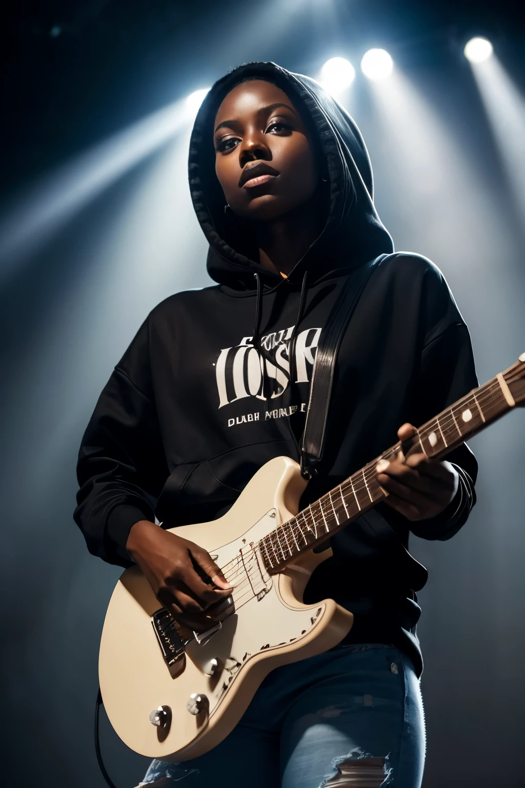 A Darkskin black woman playing Guitar dressed in a white hoodie and ripped jeans. Dramatic environment like a stage with small beams of light crossing the ceiling reaching her. (Don't sensualize her)