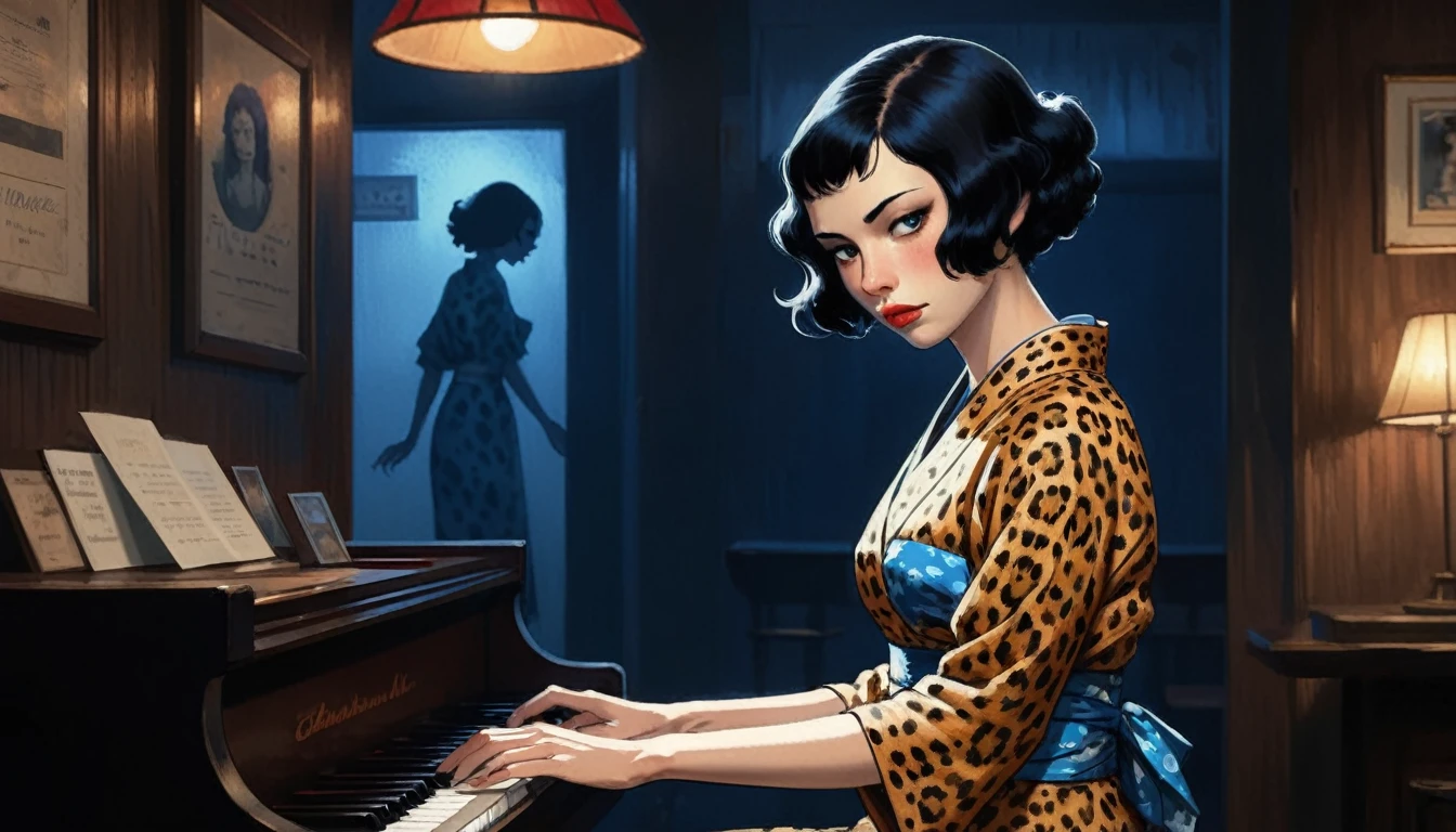 robert johnson, gritty, alabama bar, blue note, charismatic , leopard skin dress, illustration, noir fantasy, lone lady, sad ending, japanese kimono woman pianist blues bluesmusic blues bar sad feeling