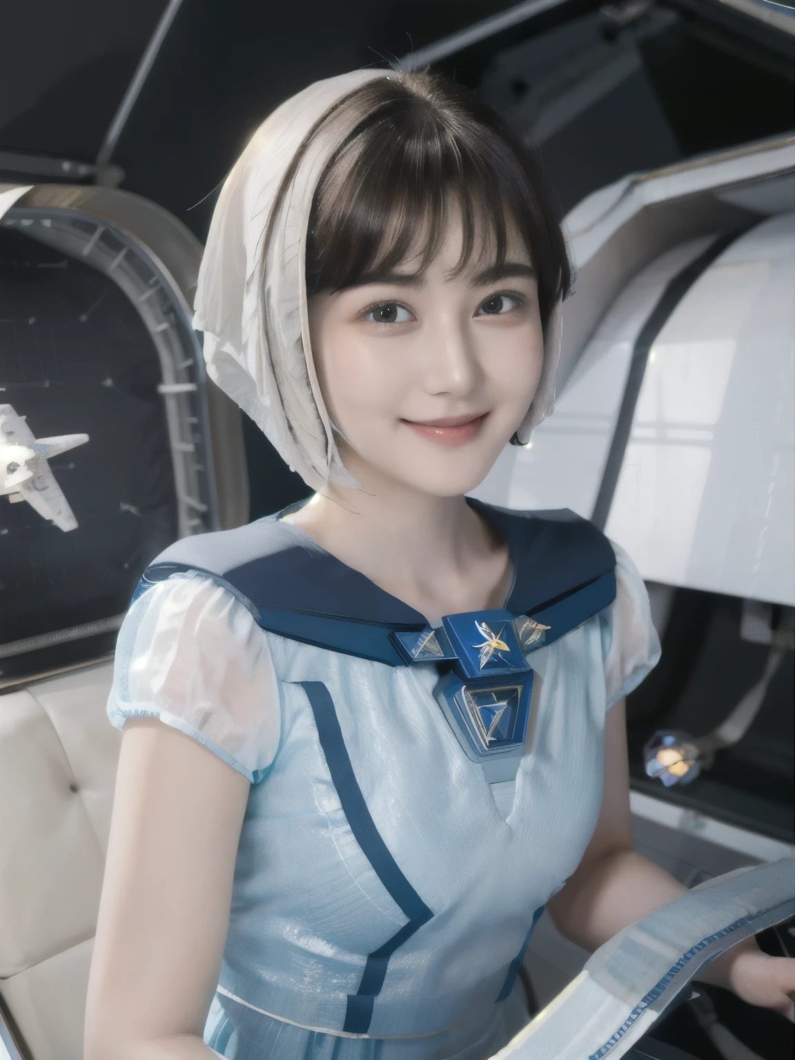 268 (20-year-old princess,Are standing), ((short hair:1.46)), (chest:1.46), Old-fashioned smile, (flower), (Spaceship:1.46)