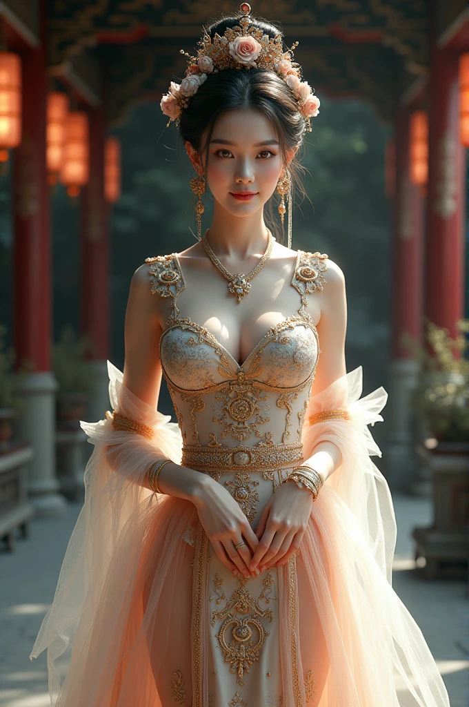 Chinese girl with coins gold , curvy body, curvy waist, big breast, white skin, gorgeous costumes embroidered with intricate embroidery, flowing tulle, transparent long colorful ribbons tied on the arms, inspired by cinderella, showing navel, bare shoulders, bare neck, hair in a high bun with flower hairpins, ribbons on arm rings, wreaths, bracelets, anklets, high heels, metal chain tassels on the waist, Mogao Grottoes art, ink painting, cgstation pop, in the night castle, ((fullbody)), ((super realistic))