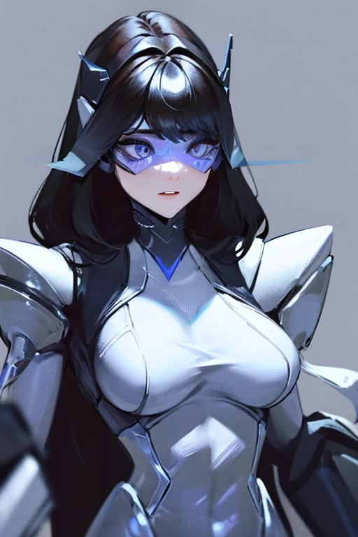 empty eyes,robotization,woman ,big bust,Robot Joint ,Metal skin,Black Suit,long hair,a suit that covers the whole body