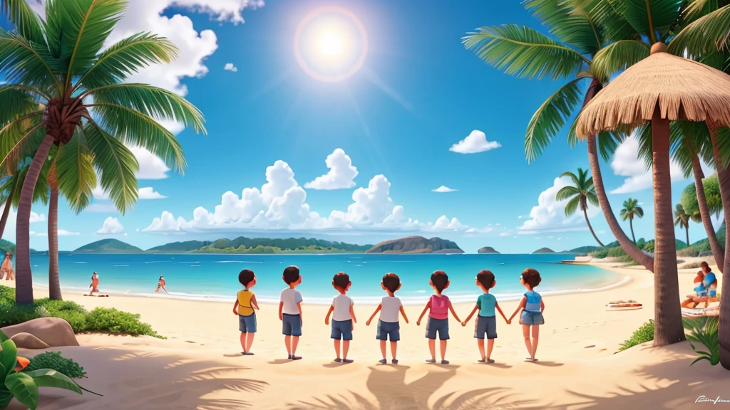 young people gathered on a beach, sunny day, for children, teenagers, Suave, isla tropical, ilustrativo de Disney, (Best Quality, 4k, 8k,High resolution,masterpiece:1.2) colors, Elements, magic, colors, Sun rays, Suave brisa. Gran composición con gran detalle y colors, Retailer, cheered up, Disney. happy faces , everyone looking ahead smiling happily