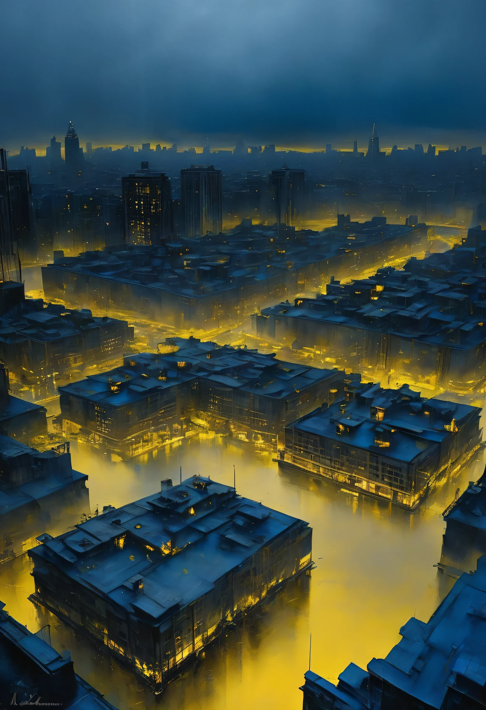 One face full canvas made and built by a crazy dream on wastelands, high tech ornaments composing a city, cityscape full of buildings on sunset, dark deep grey and black blue and golden yellow, 4D, 8K, photorealistic, dreamlike, big and complex composition storytelling, masterpiece, artwork by Bernie Wrightson, artwork by Jeremy Mann, Surrealism, Impressionism