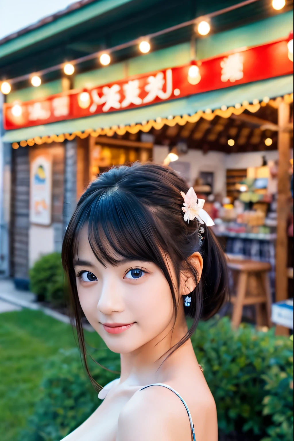 (4K), (Highest quality), (Best details), (Realistic)、A cute Japanese girl posing in front of a home improvement store in midsummer、Black Hair、Blue Eyes、Completely naked、Showing pussy、Sunset