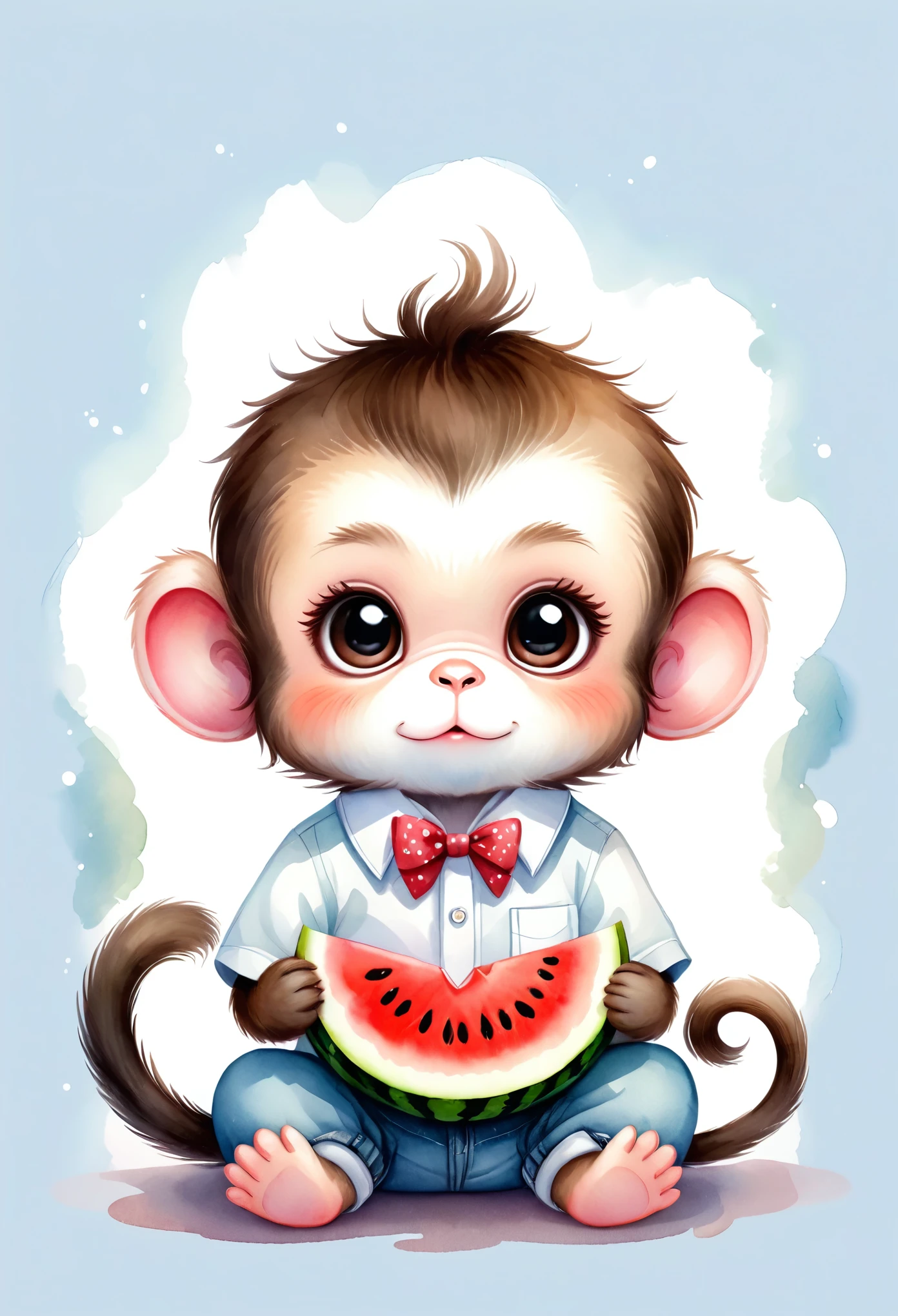 Kawaii,A watercolor illustration of monkey sitting eating a slice of watermelon. the monkey has big sad eyes.he is wearing a white shirt with a bow tie around his neck and jeans waltz.cute illustration. cartoon monkey with watermelon in hands, adorable digital painting, cute detailed artwork, cute digital art, cute detailed digital art, cute artwork, cute cartoon character, cute illustration, cute boy, cute cartoon, style cute art, 🐿🍸🍋, kawaii, adorable cute, cute animal, cute, beautiful artwork, beautiful cute