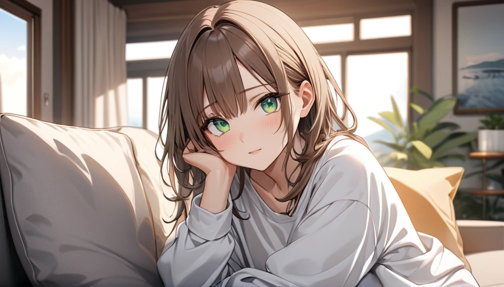 Brown-haired girl、green eyes、Calm Afternoon、wearing white top、wearing gray baggy sweatpants、- Very detailed、masterpiece, Highest quality, Bright - With a bright living room as the background、Relaxed facial expression、Casual clothing、Relaxing on the sofa
(Detailed fingers), (Emotional), (Breathtakingly beautiful), (main part:1.2 Whole body), (Anime Style), (Very detailed), (超High resolution, High resolution), (8k), (Complex and beautiful: 1.2)
