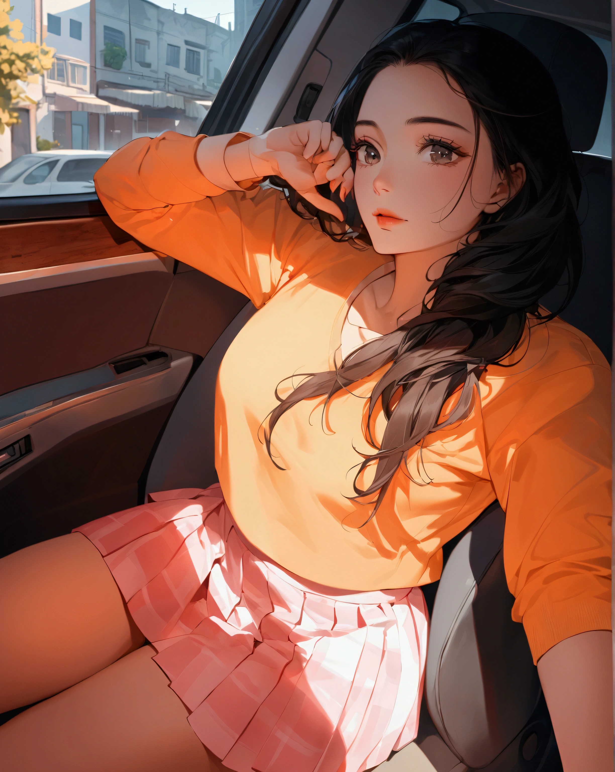 A woman with a short skirt and perfect legs is sitting in the seat of a vehicle. con su mano se toca el cuello