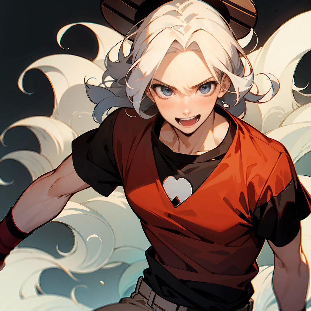 1male, Adult Male, Strawhat with a Red Band , Happy Expression , Wavy medium length white Hair , T-Shirt , Black Wristbands
