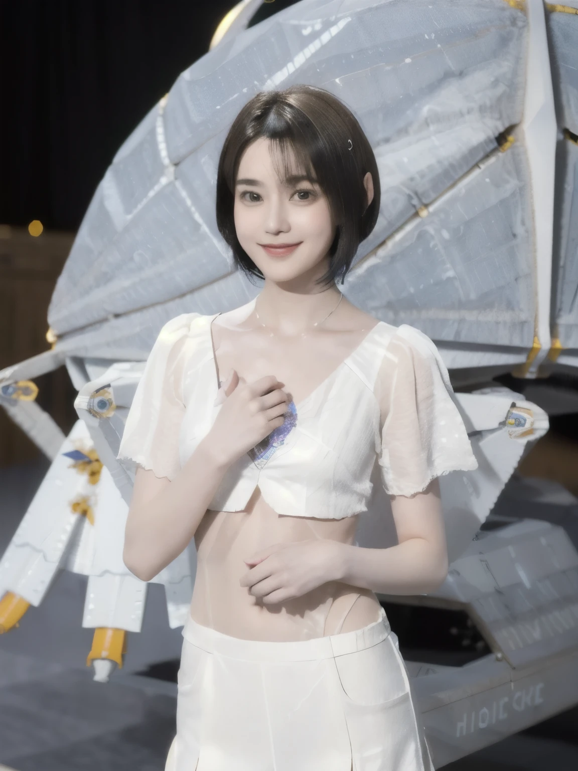 268 (20-year-old princess,Are standing), ((short hair:1.46)), (chest:1.46), Old-fashioned smile, (flower), (Spaceship:1.46)