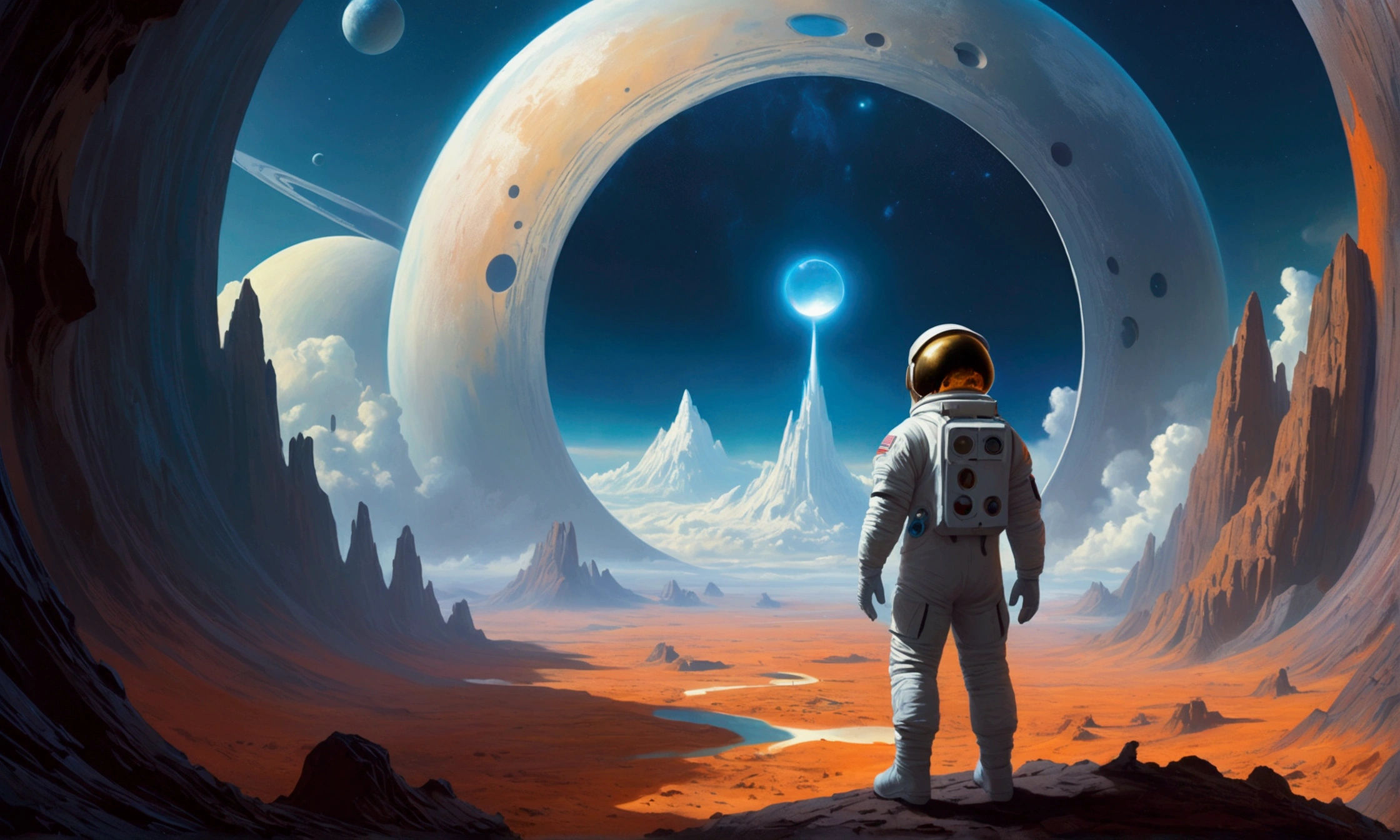 astronaut standing on a planet with a hole in the middle, beeple and tim hildebrandt, hollow earth, beeple art, beeple artwork, beeple daily art, portal to outer space, inspired by jessica rossier, jessica rossier fantasy art, beeple. hyperrealism, beeple!!, by jessica rossier